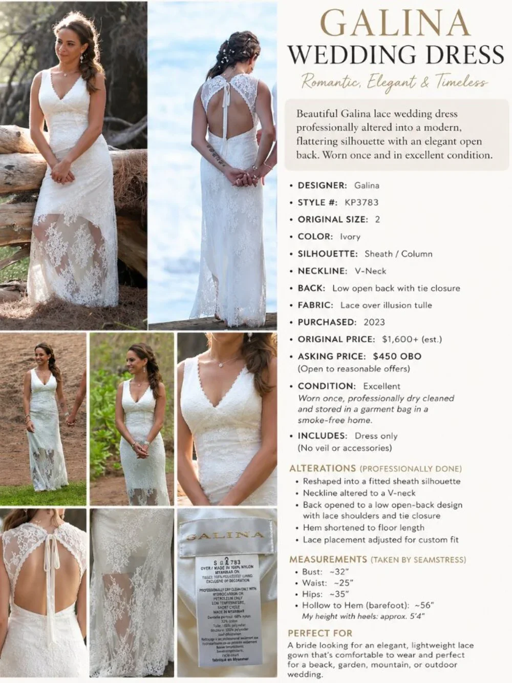 Galina Lace Wedding Dress Size 2 Ivory Sheath Open Back Altered - Picture 1 of 1